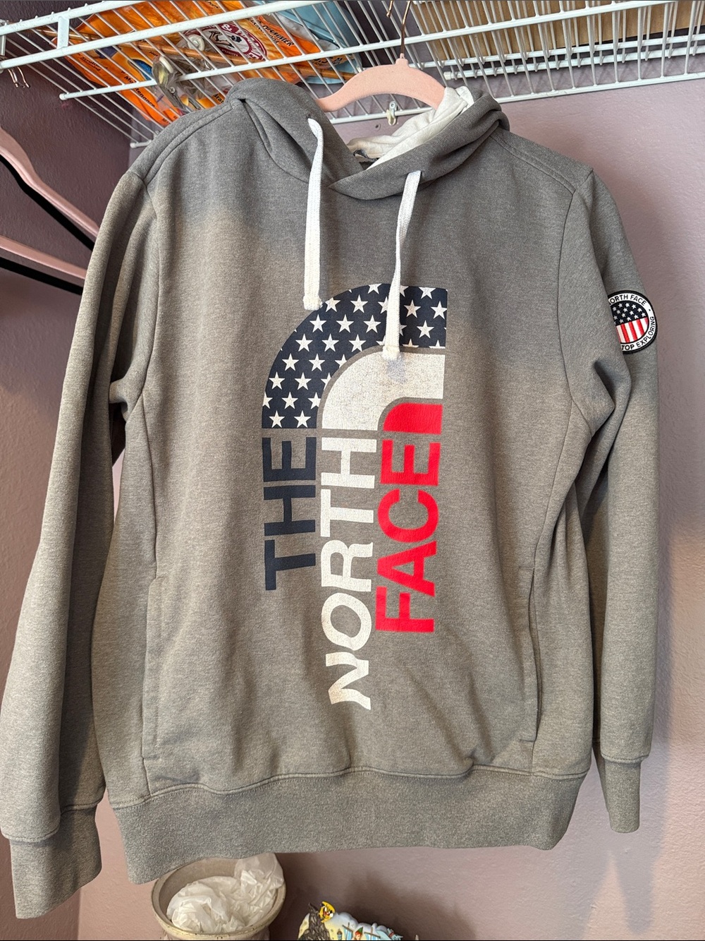 The North Face Gray Hoodie with Red, White & Blue Logo